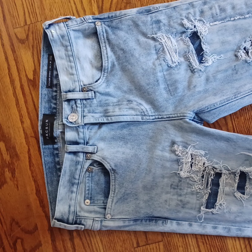 PacSun - Mens 29X30 Stacked/Distressed Light Wash Skinny Jeans Zippered Ankles - Picture 5 of 11